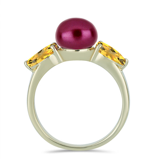 Anillo de Plata Bañada en Oro con Perla Púrpura de Agua dulce y Citrino de los Montes Urales