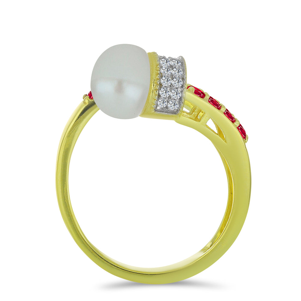 Anillo de Plata Bañada en Oro con Perla de Agua Dulce y Rubí de Madagascar 2 