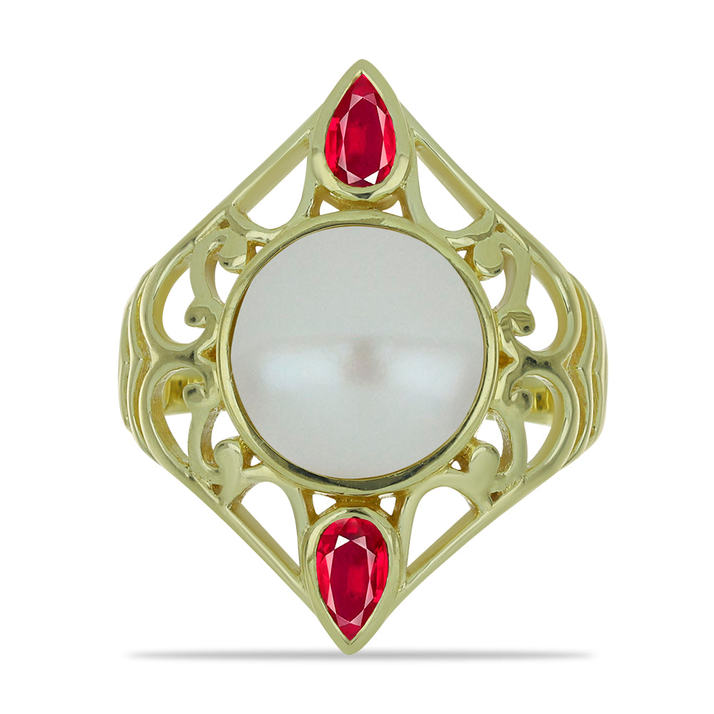 Anillo de Plata Bañada en Oro con Perla de Agua Dulce y Rubí de Madagascar 1 