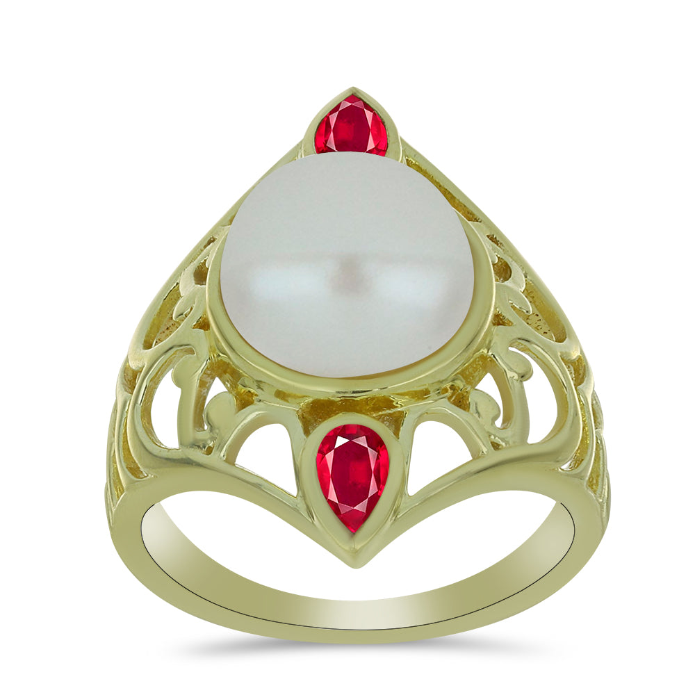 Anillo de Plata Bañada en Oro con Perla de Agua Dulce y Rubí de Madagascar