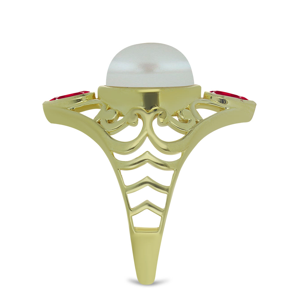 Anillo de Plata Bañada en Oro con Perla de Agua Dulce y Rubí de Madagascar 4 