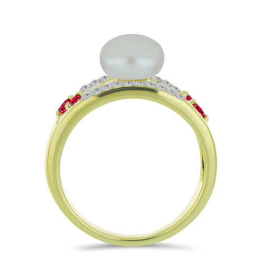 Anillo de Plata Bañada en Oro con Perla de Agua Dulce y Rubí de Madagascar