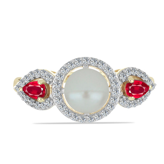 Anillo de Plata Bañada en Oro con Perla de Agua Dulce y Rubí de Madagascar