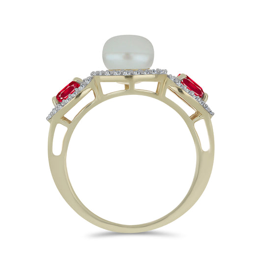Anillo de Plata Bañada en Oro con Perla de Agua Dulce y Rubí de Madagascar