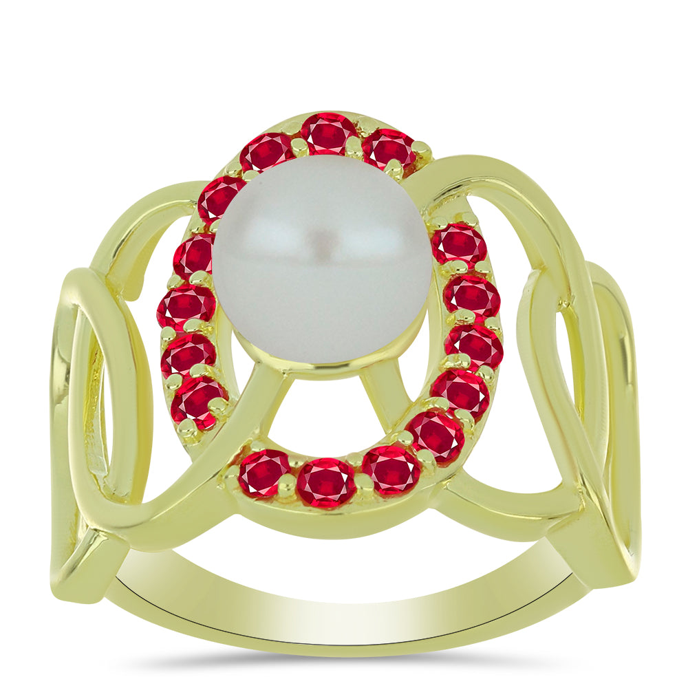 Anillo de Plata Bañada en Oro con Perla de Agua Dulce y Rubí de Madagascar