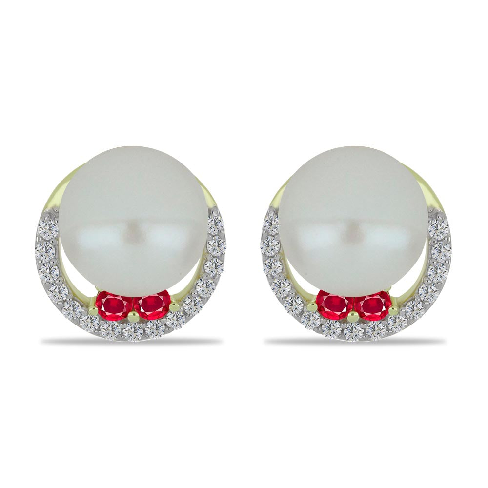 Pendientes de Plata Bañada en Oro con Perla de Agua Dulce y Rubí de Madagascar