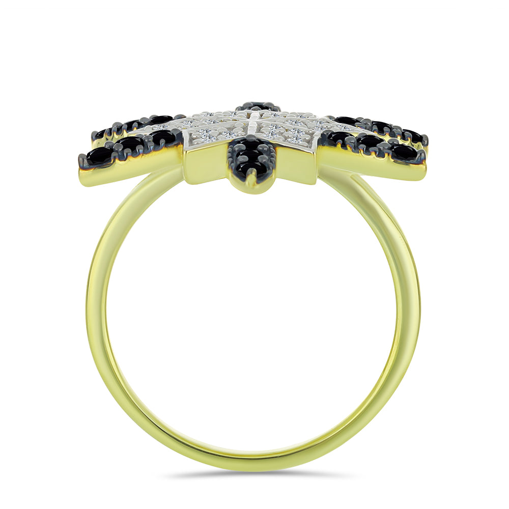 Anillo de Plata Bañada en Oro con Espinela Negra y Topacio Blanco