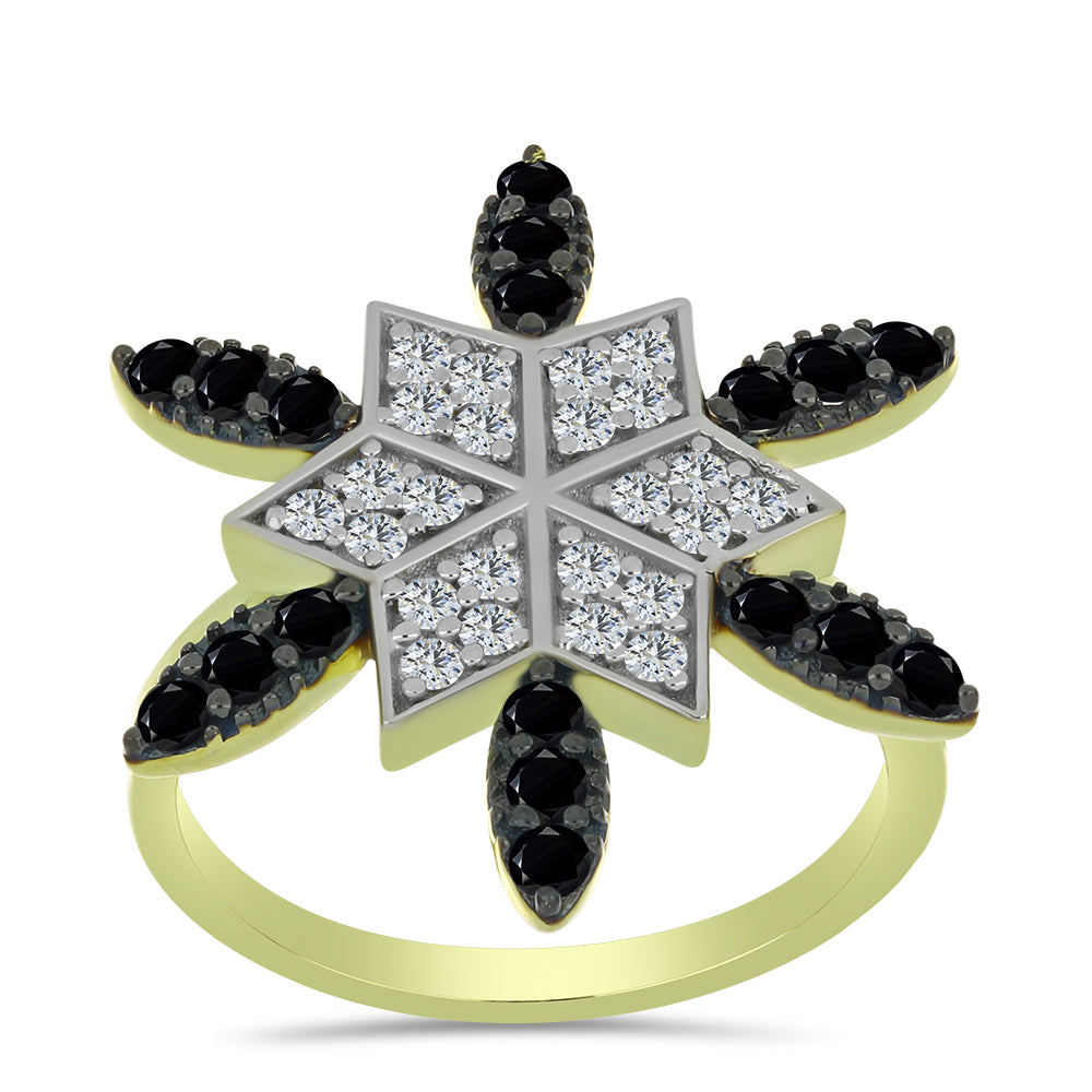 Anillo de Plata Bañada en Oro con Espinela Negra y Topacio Blanco