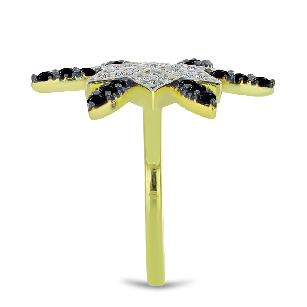 Anillo de Plata Bañada en Oro con Espinela Negra y Topacio Blanco