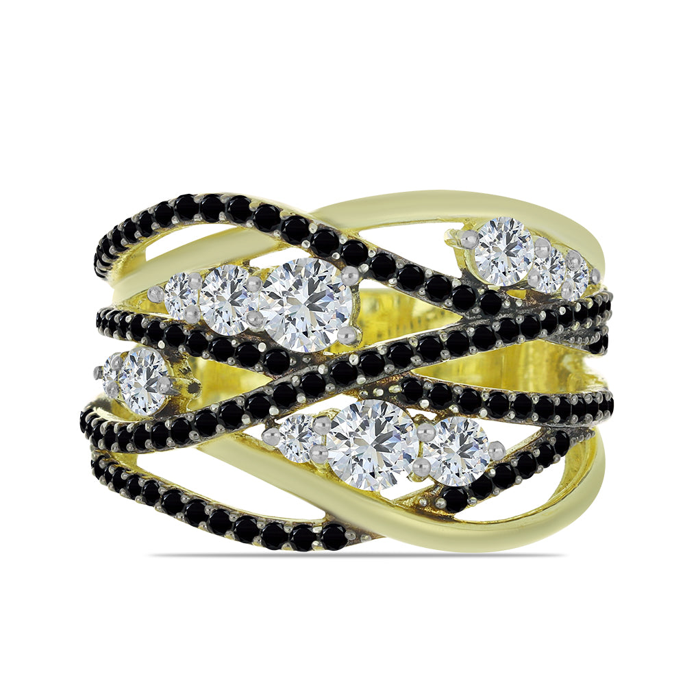 Anillo de Plata Bañada en Oro con Espinela Negra y Topacio Blanco