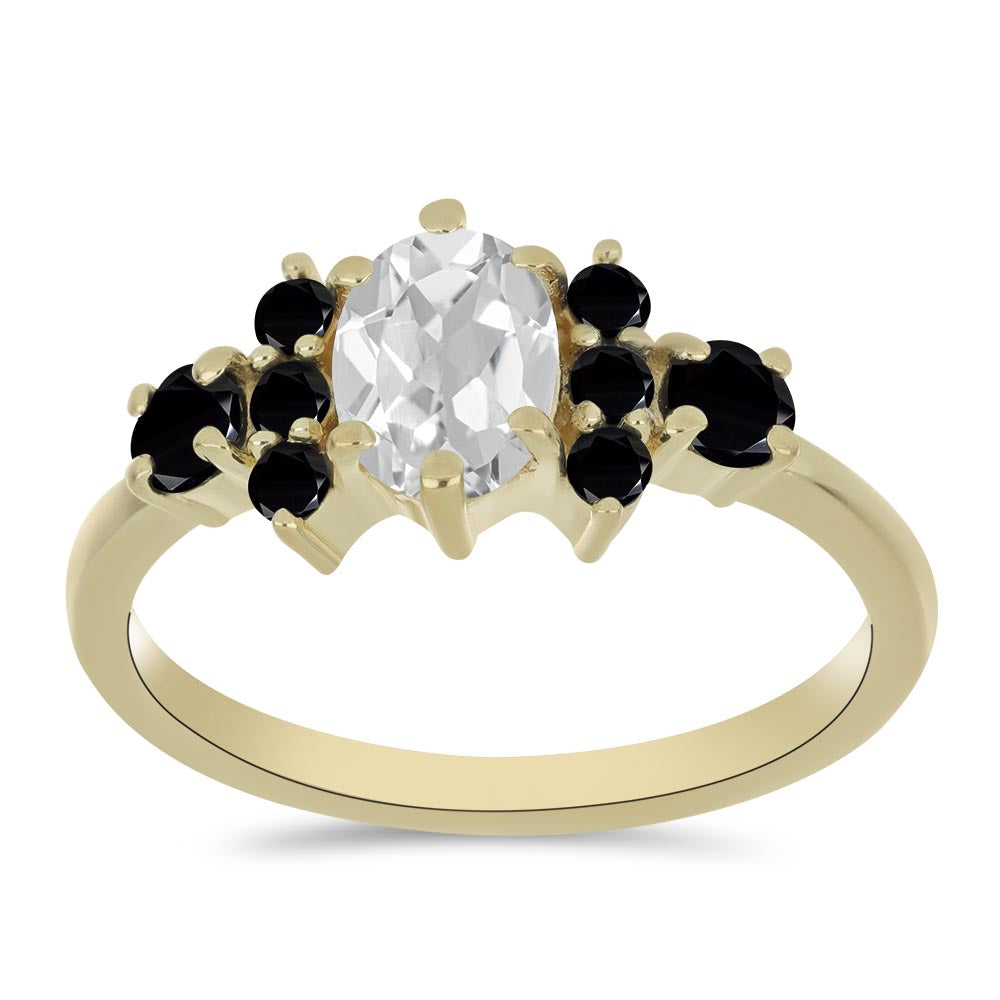 Anillo de Plata Bañada en Oro con Espinela Negra y Topacio Blanco