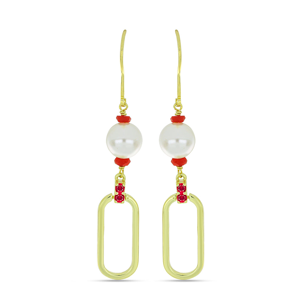 Conjunto de Plata Bañada en Oro con Perla de Agua Dulce y Rubí de Madagascar ( Collar +Pendientes +Pulsera )