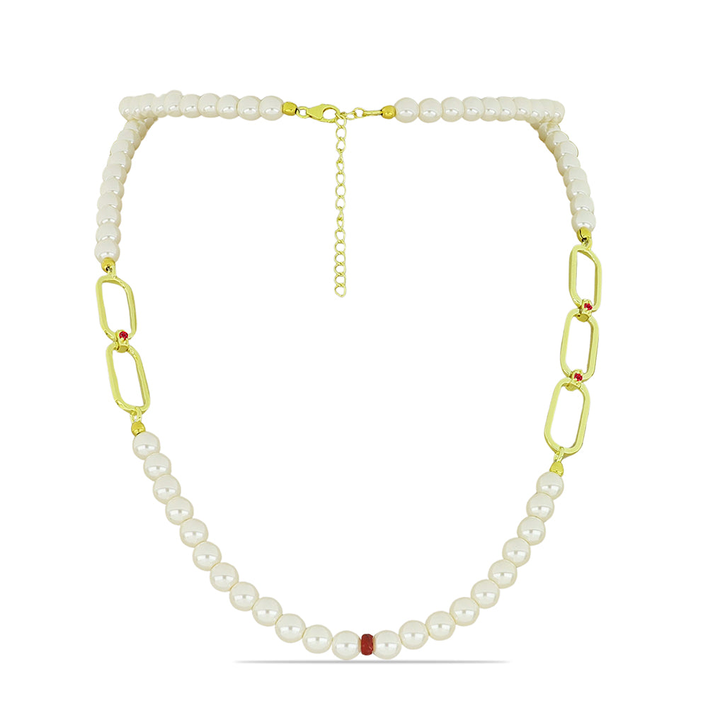 Conjunto de Plata Bañada en Oro con Perla de Agua Dulce y Rubí de Madagascar ( Collar +Pendientes +Pulsera )