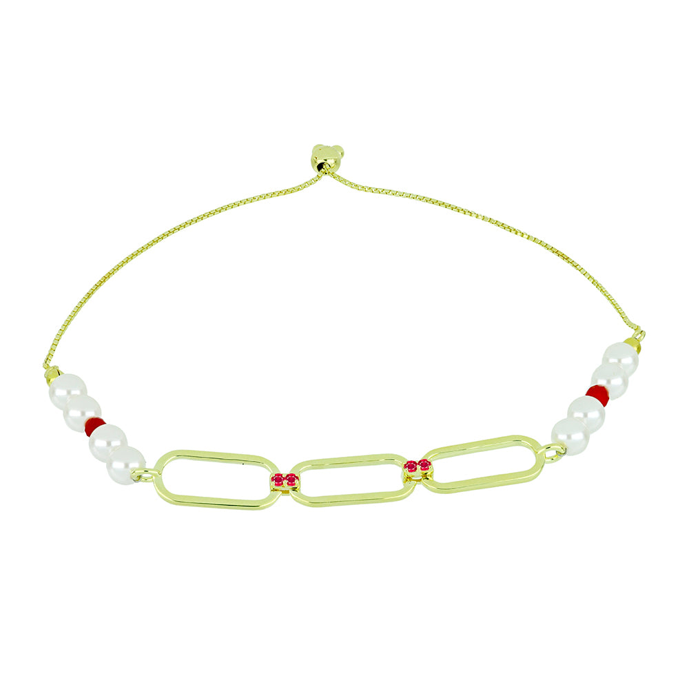 Conjunto de Plata Bañada en Oro con Perla de Agua Dulce y Rubí de Madagascar ( Collar +Pendientes +Pulsera )