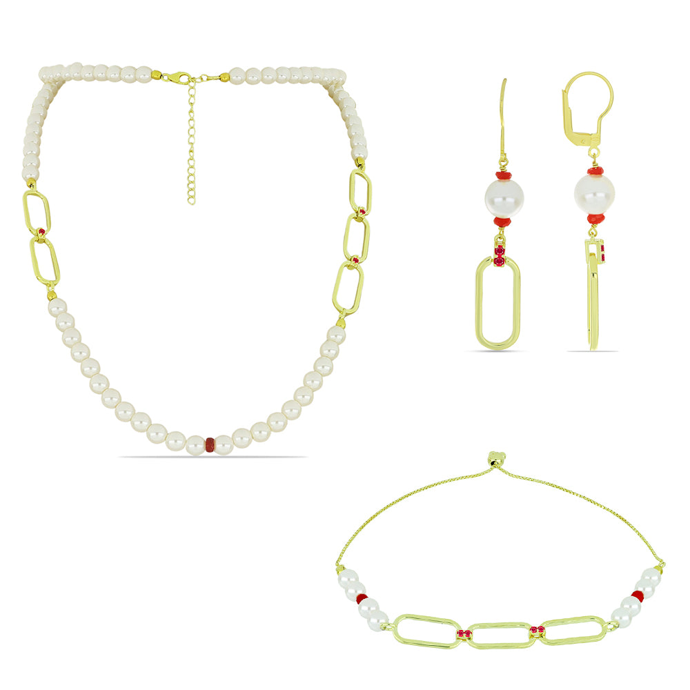 Conjunto de Plata Bañada en Oro con Perla de Agua Dulce y Rubí de Madagascar ( Collar +Pendientes +Pulsera ) 1 