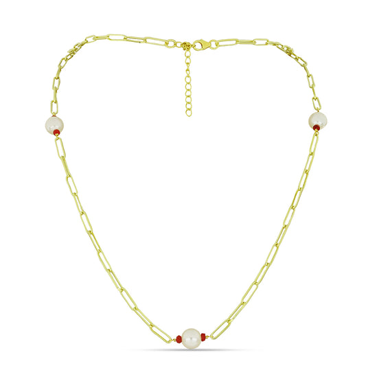 Collar de Plata Bañada en Oro con Perla de Agua Dulce y Rubí de Madagascar