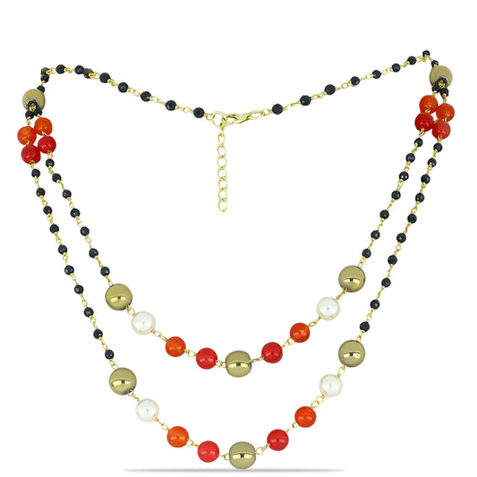 Collar de Plata Bañada en Oro con Obsidiana y Perla de Agua Dulce