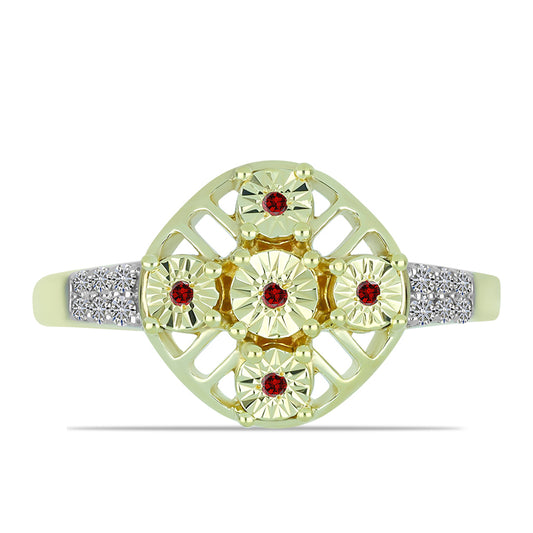 Anillo de Plata Bañada en Oro con Diamante Rojo y Diamante blanco