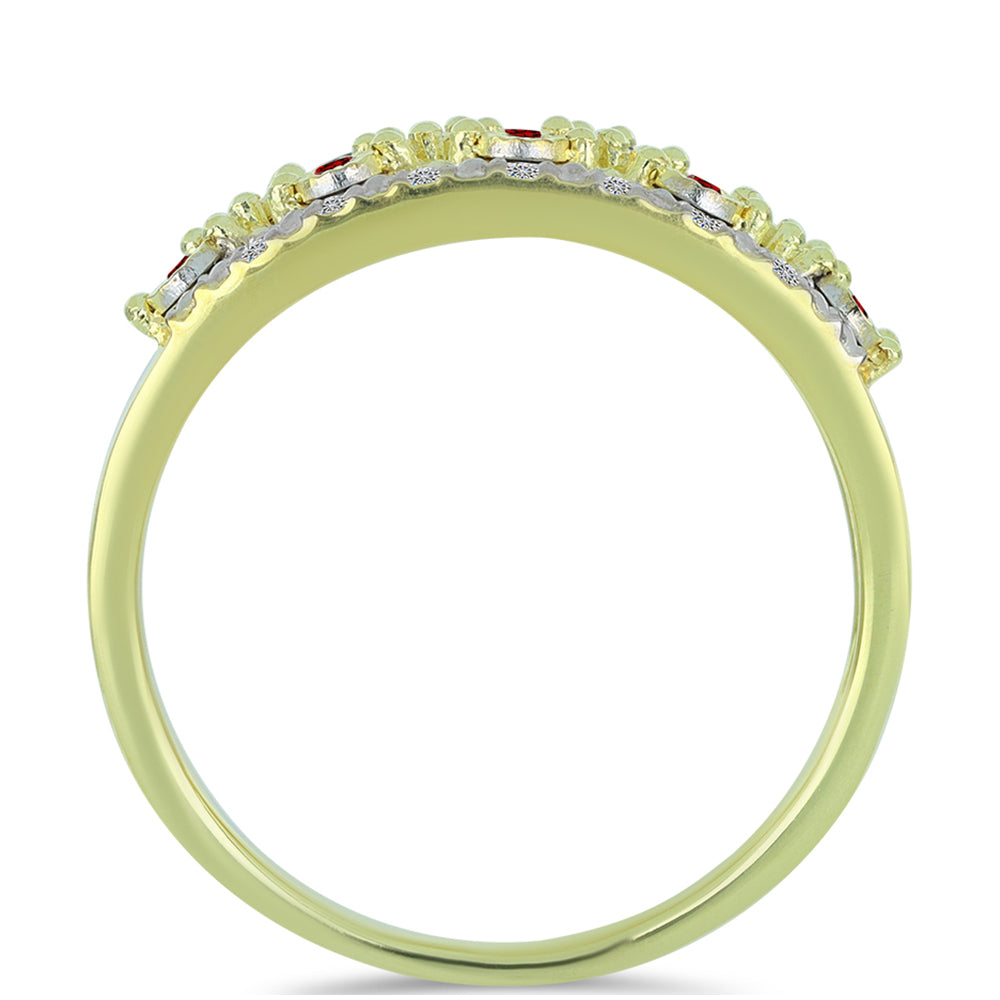 Anillo de Plata Bañada en Oro con Diamante Rojo y Diamante blanco 2 