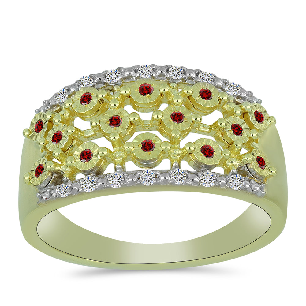 Anillo de Plata Bañada en Oro con Diamante Rojo y Diamante blanco