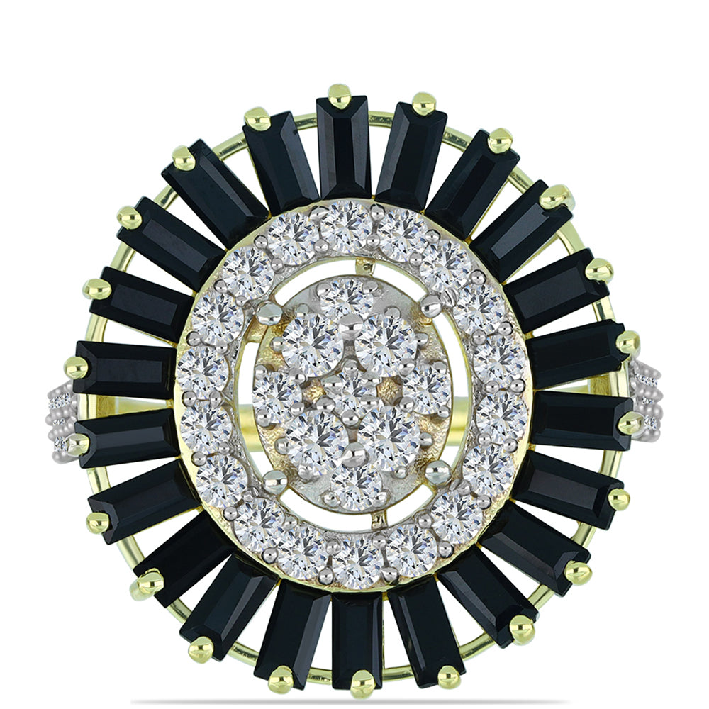 Anillo de Plata Bañada en Oro con Obsidiana y Topacio Blanco