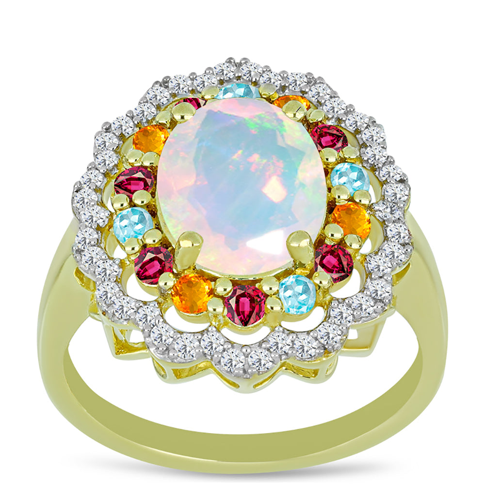 Anillo de Plata Bañada en Oro con Ópalo Welo y Chakra Turmalina