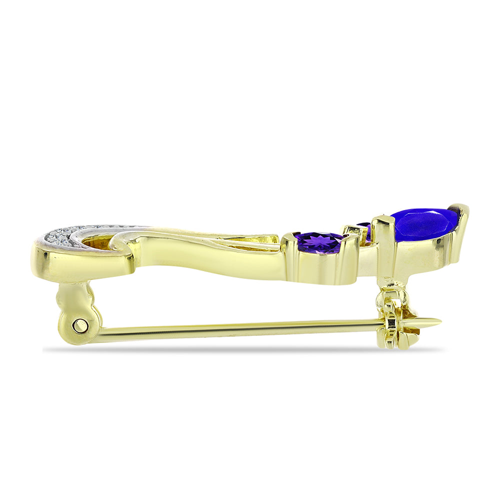 Broche de Plata Bañada en Oro con Ágata azul y Amatista de Marruecos