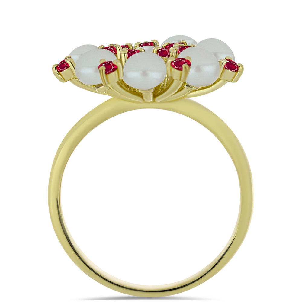 Anillo de Plata Bañada en Oro con Perla de Agua Dulce y Rubí de Madagascar