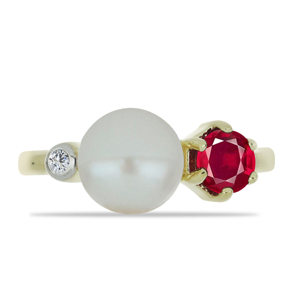 Anillo de Plata Bañada en Oro con Perla de Agua Dulce y Rubí de Madagascar 1 