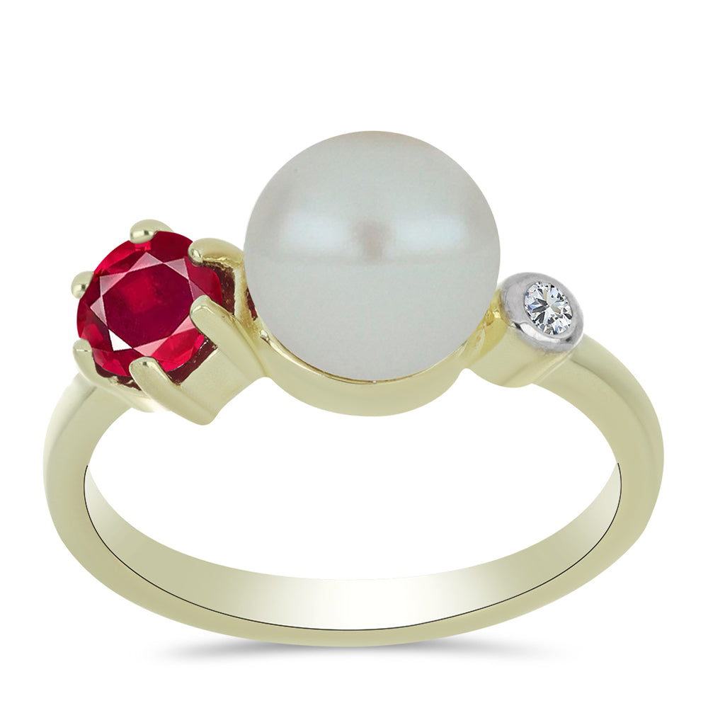 Anillo de Plata Bañada en Oro con Perla de Agua Dulce y Rubí de Madagascar 3 