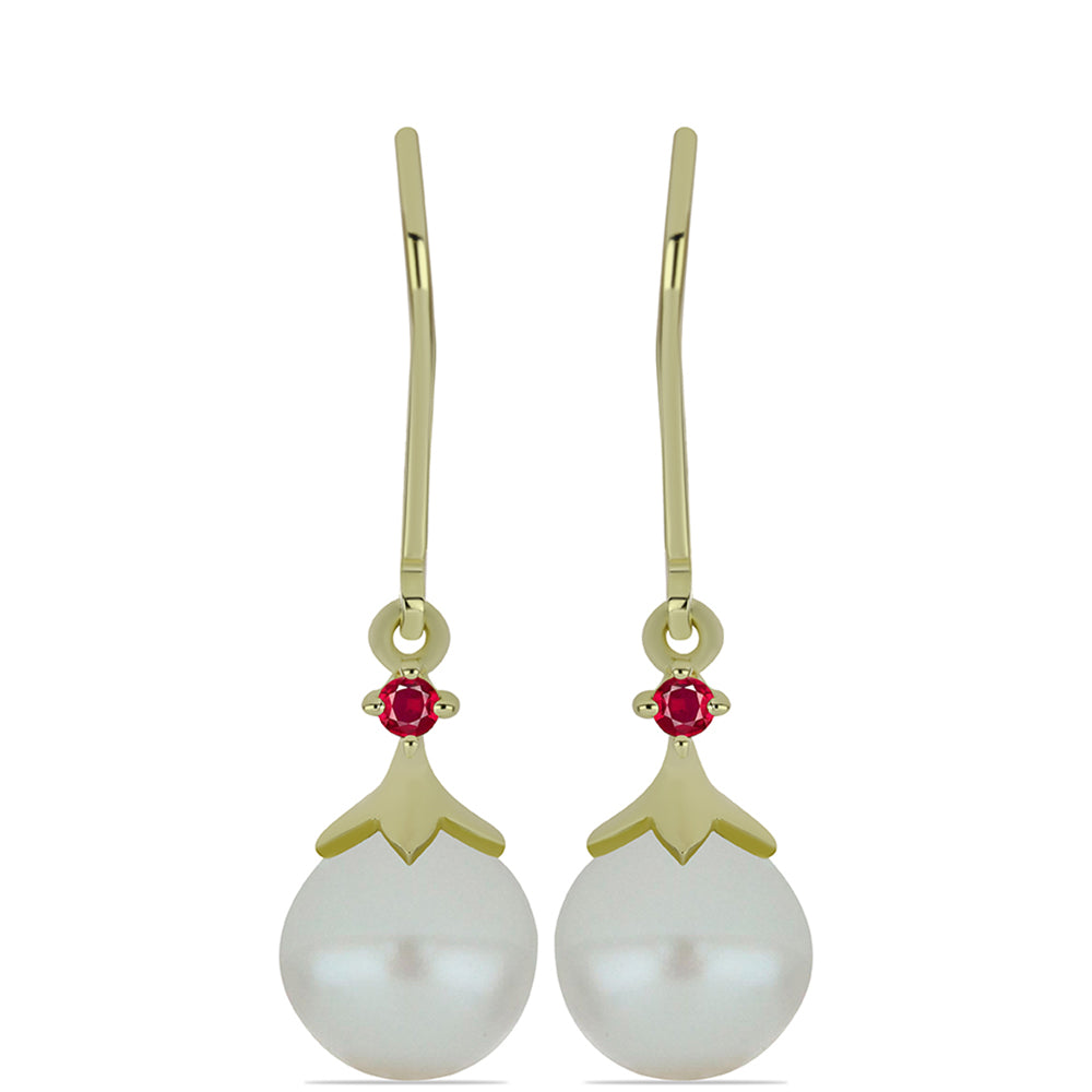 Pendientes de Plata Bañada en Oro con Perla de Agua Dulce y Rubí de Madagascar 1 