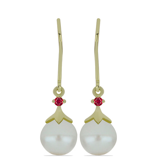 Pendientes de Plata Bañada en Oro con Perla de Agua Dulce y Rubí de Madagascar