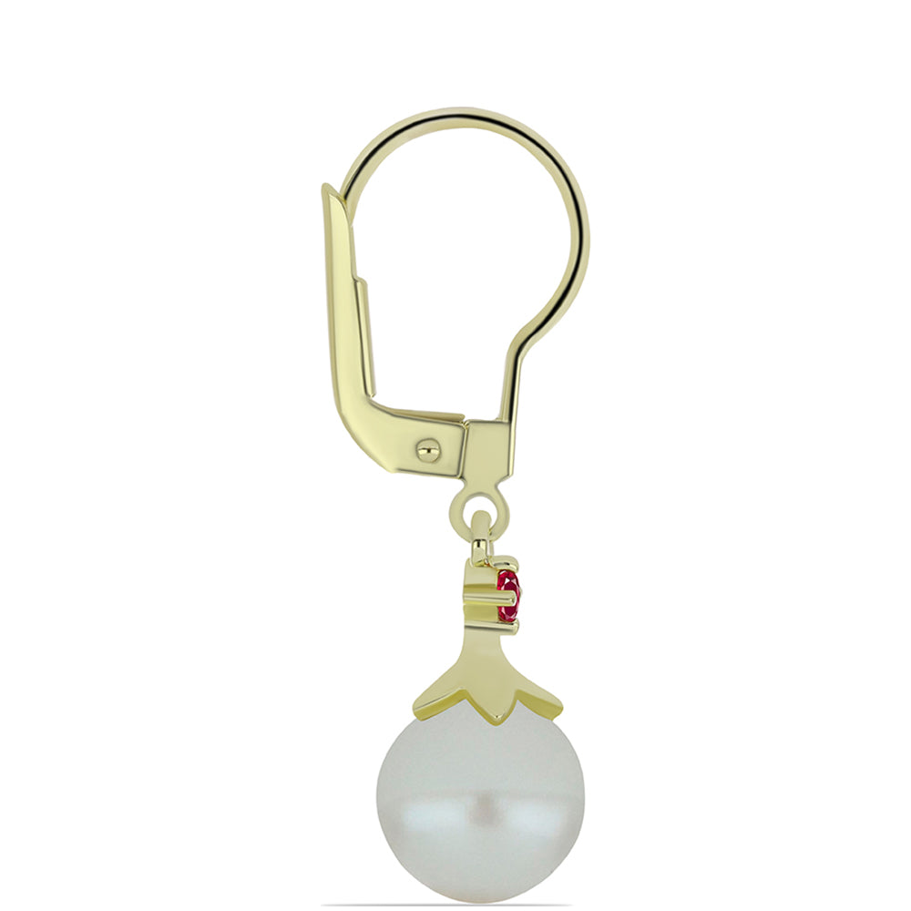 Pendientes de Plata Bañada en Oro con Perla de Agua Dulce y Rubí de Madagascar