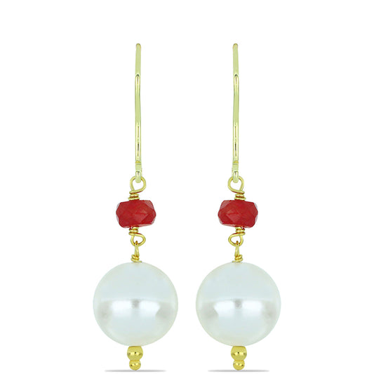 Pendientes de Plata Bañada en Oro con Perla de Agua Dulce y Rubí de Madagascar