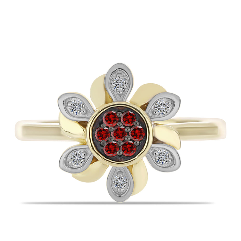 Anillo de Plata Bañada en Oro con Diamante Rojo y Diamante blanco