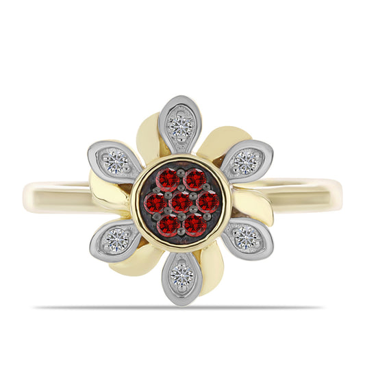 Anillo de Plata Bañada en Oro con Diamante Rojo y Diamante blanco