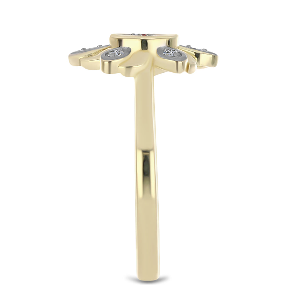 Anillo de Plata Bañada en Oro con Diamante Rojo y Diamante blanco