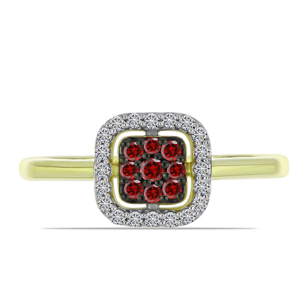 Anillo de Plata Bañada en Oro con Diamante Rojo y Diamante blanco 5 