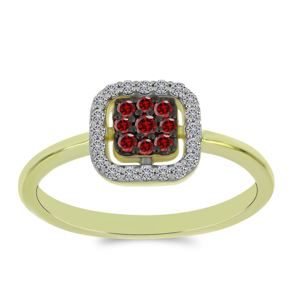 Anillo de Plata Bañada en Oro con Diamante Rojo y Diamante blanco 7 