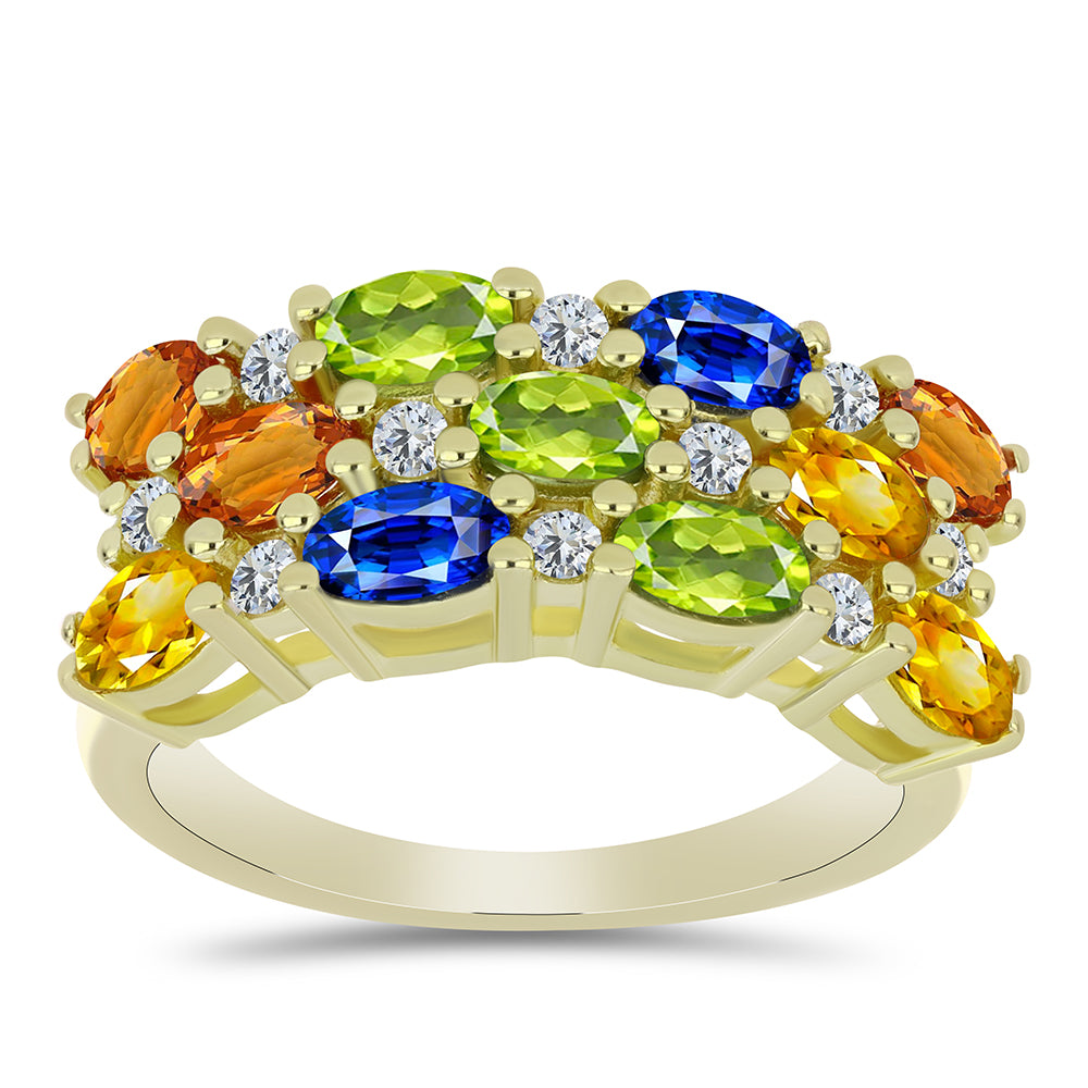 Anillo de Plata Bañada en Oro con Zafiro Arco Iris Rosebery y Topacio Blanco