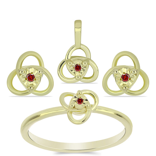 Conjunto de Plata Bañada en Oro con Diamante Rojo ( Pendientes +Anillo +Colgante )