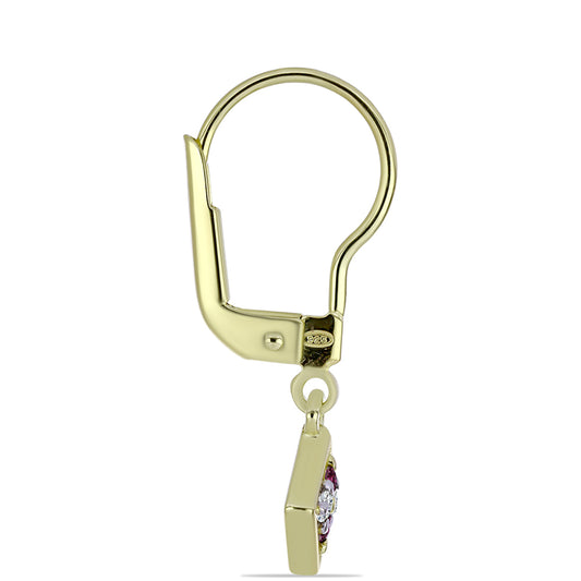 Pendientes de Plata Bañada en Oro con Diamante Púrpura y Diamante blanco