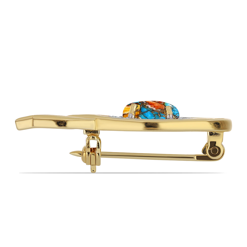 Broche de Plata Bañada en Oro con Turquesa Ostra y Topacio Blanco 2 