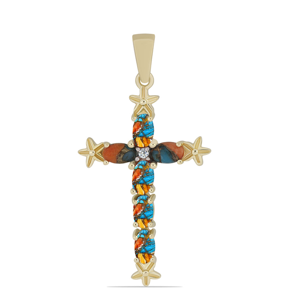 Cruz Colgante de Plata Bañada en Oro con Turquesa Ostra y Topacio Blanco 1 