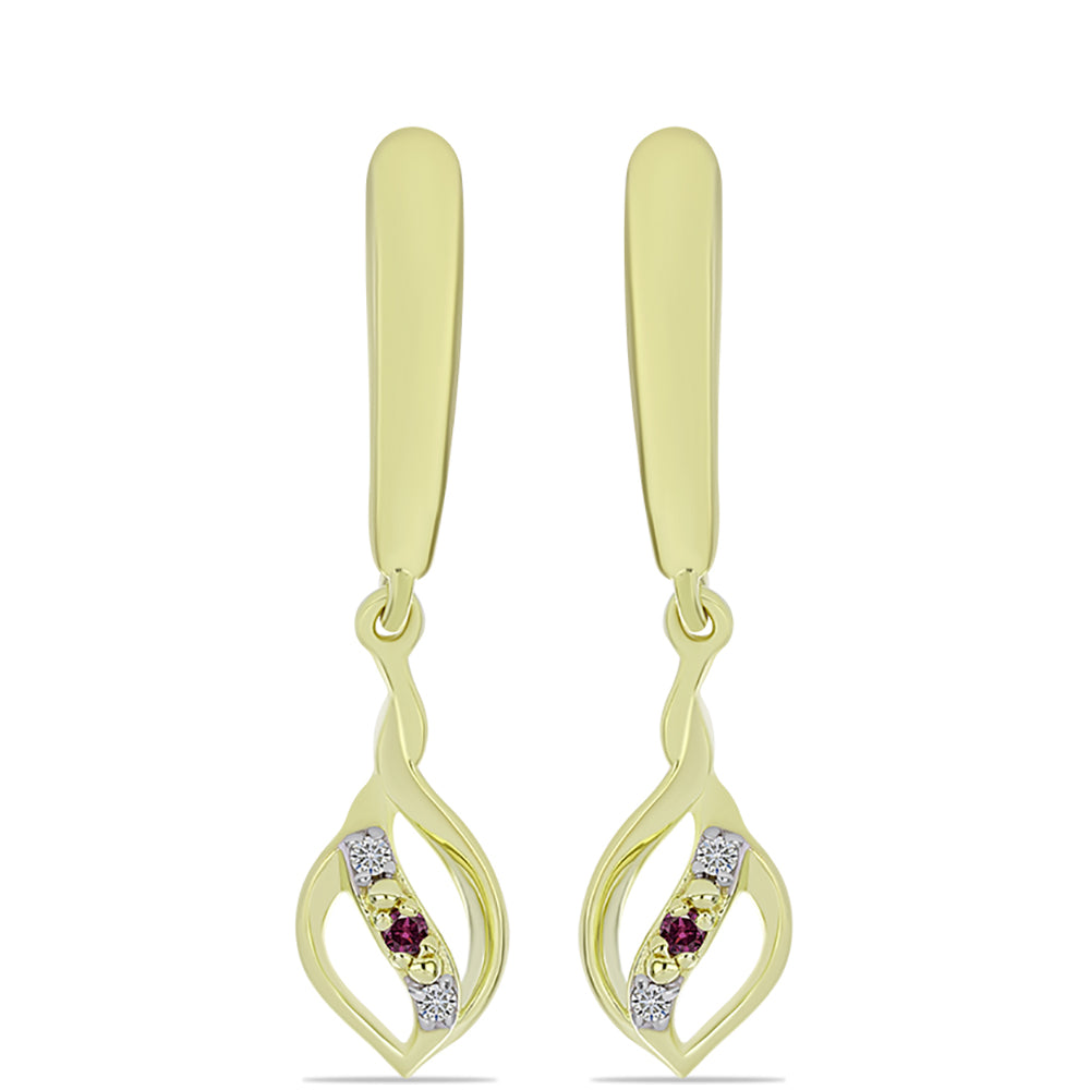 Pendientes de Plata Bañada en Oro con Diamante Púrpura y Diamante blanco