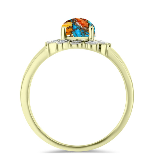 Anillo de Plata Bañada en Oro con Turquesa Ostra y Topacio Blanco