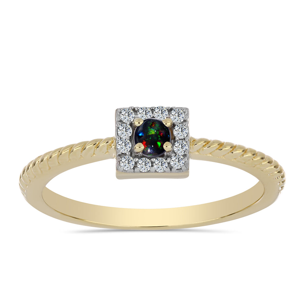 Anillo de Plata Bañada en Oro con Ópalo negro medianoche Lega Dembi de Ëtiopía y Topacio Blanco