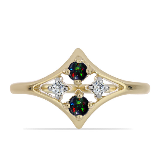 Anillo de Plata Bañada en Oro con Ópalo negro medianoche Lega Dembi de Ëtiopía y Topacio Blanco