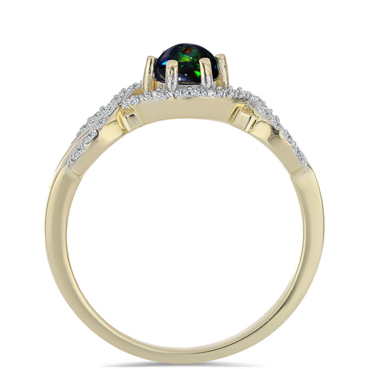 Anillo de Plata Bañada en Oro con Ópalo negro medianoche Lega Dembi de Ëtiopía y Topacio Blanco