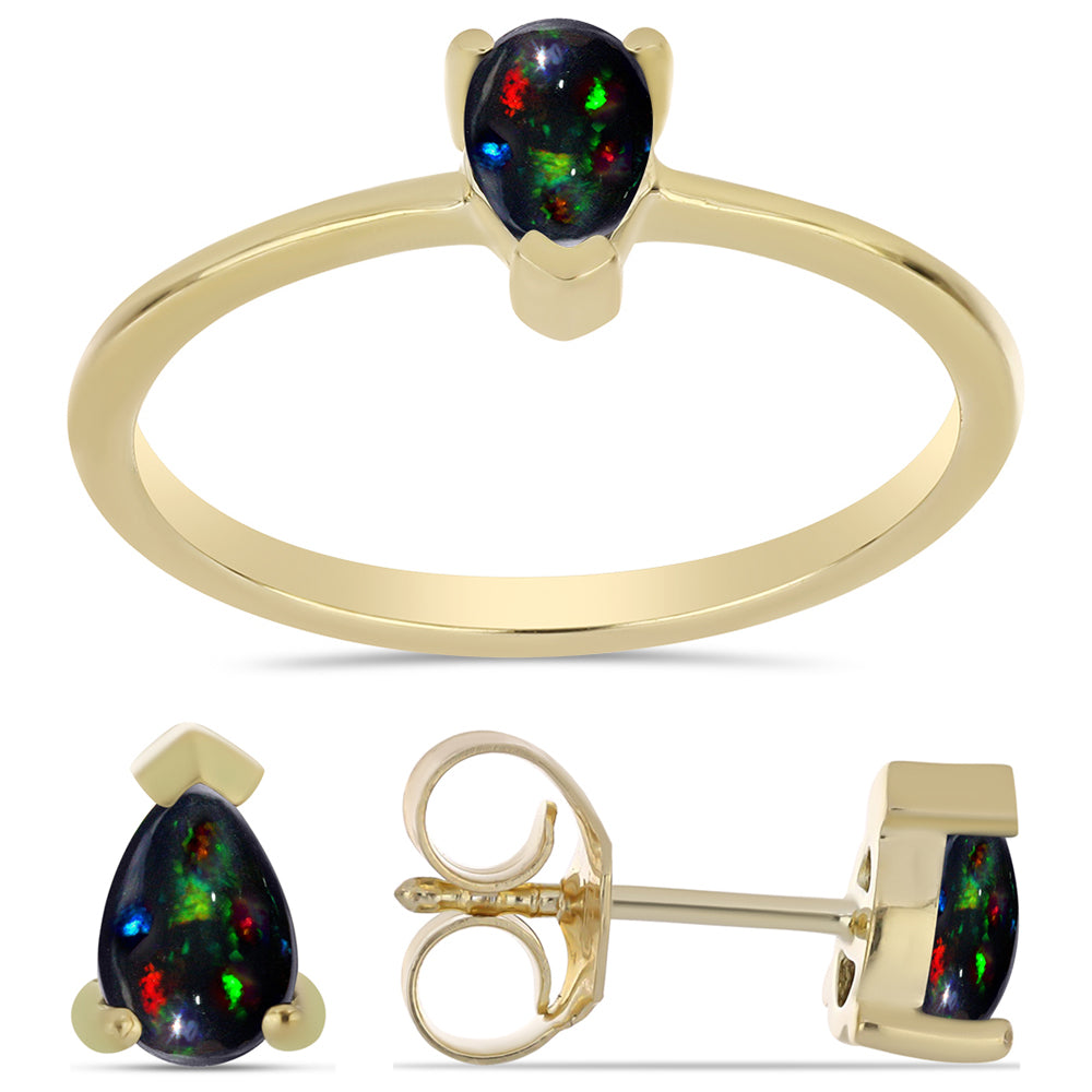 Conjunto de Plata Bañada en Oro con Ópalo negro medianoche Lega Dembi de Ëtiopía ( Pendientes +Anillo ) 1 